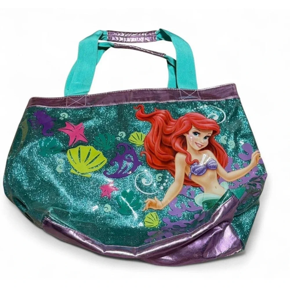 Disney Store Little Mermaid Ariel Glitter Teal Purple Tote Beach Pool Bag